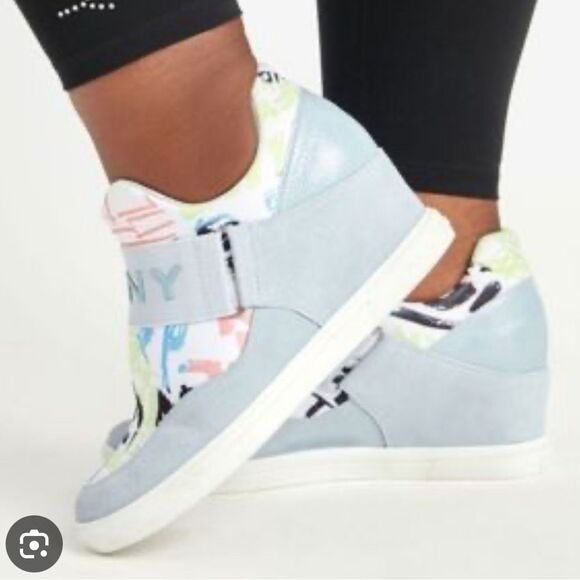DKNY light blue wedge sneakers with center green pink, and white graphics - Picture 10 of 11